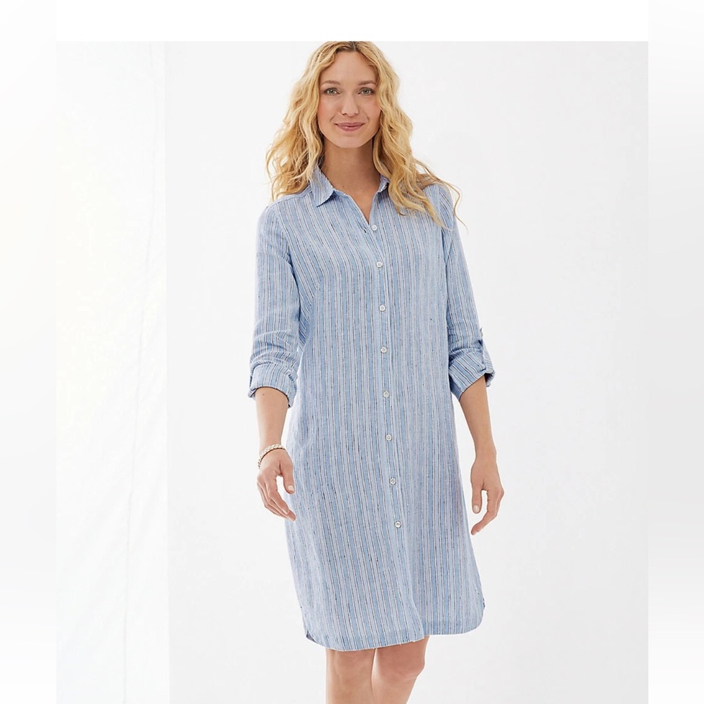 J. Jill Linen Shirt Dress long sleeve stripe pockets large coastal cottage core